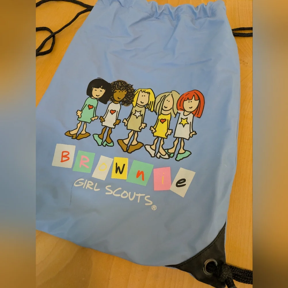 Girl Scouts Blue Drawstring Brownie Backpack & Patches